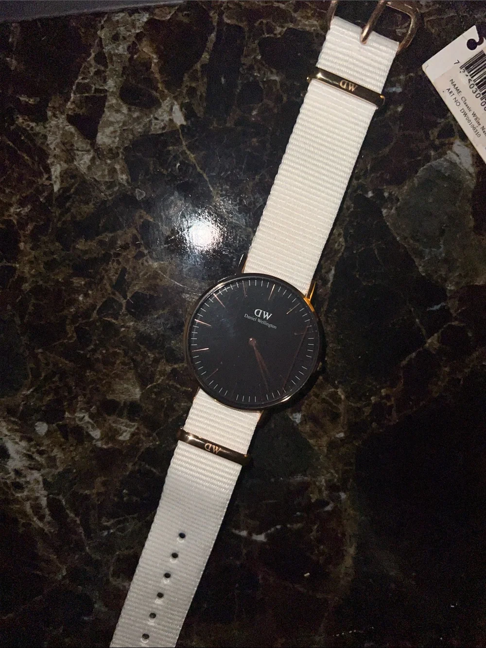 Classic Black Dial Watch with White Nylon Strap